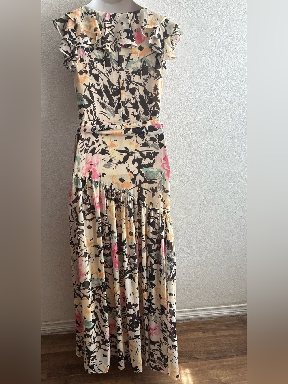 Ralph Lauren Floral Chiffon Gown Maxi Dress Cream with Pink Floral Print 10 - Picture 6 of 16